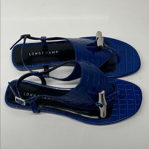 NWOT Longchamp Croc Embossed Thong Sandals Le Roseau Blue Size 7 (38)